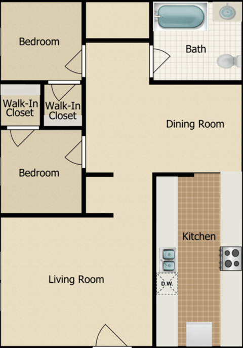 Floor plan for 2 beds, 1 bath, 861 sqft